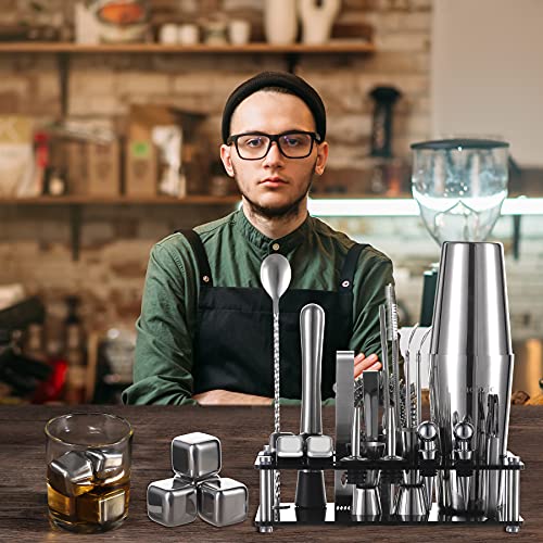 Cocktail Shaker Set Bartender Kit, 23 PCS Boston Shaker Tool Set with Stand, Drink Mixer Martini Shaker Bartending Kit, Bar Tools Bartender Tool Kit, mobzio Bar Accessories for The Home Bar Set