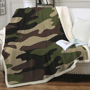 sleepwish camo luxury fleece throw blanket brown green camouflage sherpa blanket soft warm and cozy camping blanket gifts for boys men and son, king(108"x90")