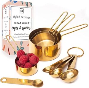 gold measuring cups and spoons set - stackable, stylish, sturdy 8-piece gold measuring cups and gold measuring spoons set - cute measuring cup set, gold kitchen accessories, gold kitchen utensils