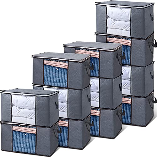 12 Pcs Clothes Storage Bags Bulk Large Capacity Closet Organizers Foldable Clothing Storage Bins with Reinforced Handle Clear Window Storage Containers for Clothes Comforter Bedding , 35l, Grey