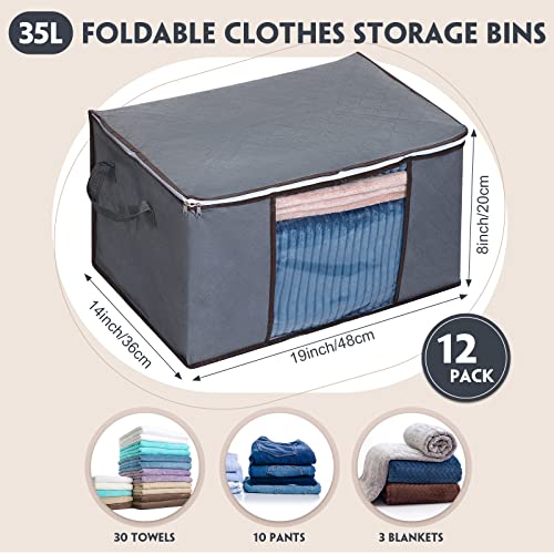 12 Pcs Clothes Storage Bags Bulk Large Capacity Closet Organizers Foldable Clothing Storage Bins with Reinforced Handle Clear Window Storage Containers for Clothes Comforter Bedding , 35l, Grey