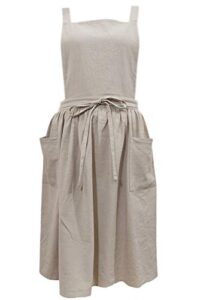 losofar women girls vintage apron adjustable gardening works cross back cotton/linen blend aprons pinafore dress with two pockets (beige, one size)