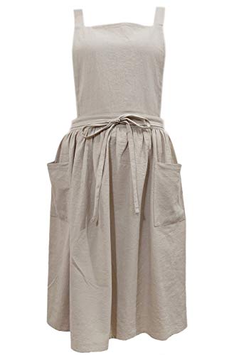 losofar Women Girls Vintage Apron Adjustable Gardening Works Cross Back Cotton/Linen Blend Aprons Pinafore Dress with Two Pockets (beige, one size)