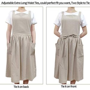 losofar Women Girls Vintage Apron Adjustable Gardening Works Cross Back Cotton/Linen Blend Aprons Pinafore Dress with Two Pockets (beige, one size)