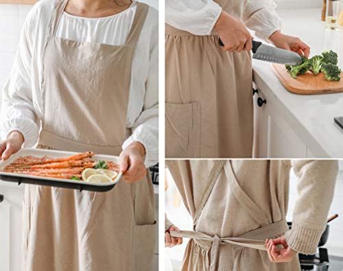 losofar Women Girls Vintage Apron Adjustable Gardening Works Cross Back Cotton/Linen Blend Aprons Pinafore Dress with Two Pockets (beige, one size)