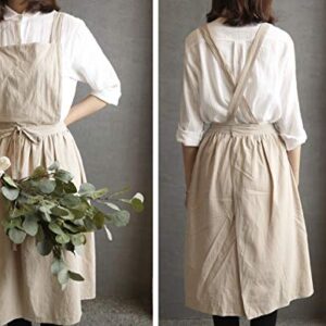 losofar Women Girls Vintage Apron Adjustable Gardening Works Cross Back Cotton/Linen Blend Aprons Pinafore Dress with Two Pockets (beige, one size)