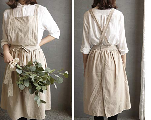 losofar Women Girls Vintage Apron Adjustable Gardening Works Cross Back Cotton/Linen Blend Aprons Pinafore Dress with Two Pockets (beige, one size)