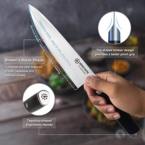 Brewin Japanese Chef knife 8 inch with Knife Sharpener,Professional Sharp Kitchen Knife with Elegant Black Pakkawood Handle High Carbon Stainless Steel Hand Forged Chef's Knives for Cooking Gift Box