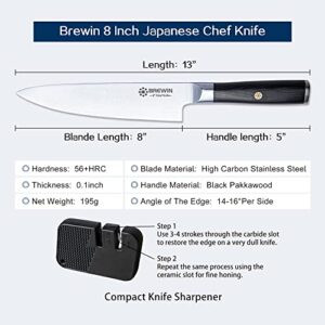 Brewin Japanese Chef knife 8 inch with Knife Sharpener,Professional Sharp Kitchen Knife with Elegant Black Pakkawood Handle High Carbon Stainless Steel Hand Forged Chef's Knives for Cooking Gift Box