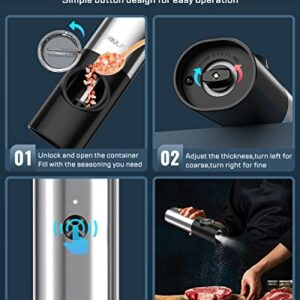 SoulFox Electric Salt and Pepper Grinder Set with USB Rechargeable - No Battery Needed - One Handed Operation - White Light - Adjustable Coarseness Automatic Electronic Spice Mill Shakers Refillable