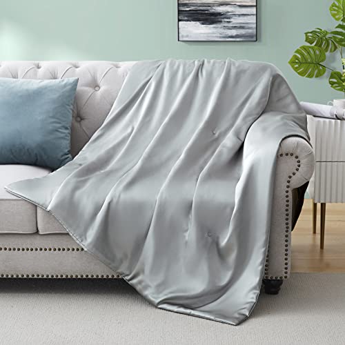 Silk Throw Blanket - Light Grey Cooling Packable Satin Blanket for Couch, Bed, Camping, Outdoor, Travel, Car - Super Soft Lightweight Cozy Blanket(60'' x 80'', Light Gray)