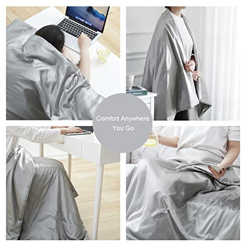 Silk Throw Blanket - Light Grey Cooling Packable Satin Blanket for Couch, Bed, Camping, Outdoor, Travel, Car - Super Soft Lightweight Cozy Blanket(60'' x 80'', Light Gray)