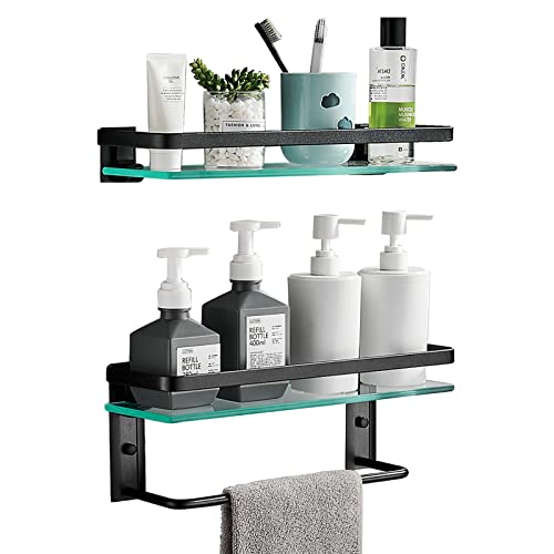 Ddtohan 15.7 Inches Glass Bathroom Shelf, Floating Shelves with Rail and Towel Bar, 2- Tier 8mm Thick Tempered Glass Wall Mounted Shower Storage for Bathroom, Office, Laundry Room