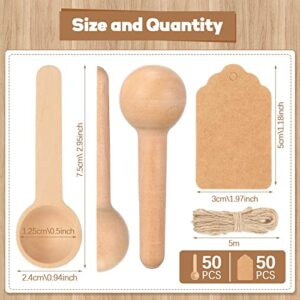 Baderke 50 Sets 3 Inch Mini Wooden Spoons Small Wooden Spoons Disposable Small Spoons for Spice Jars Wood Spoons with Tags and Twine Condiments Honey Sugar Kitchen Cooking Oil Tea Coffee