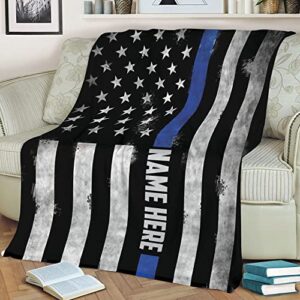 OhaPrints Custom Police Thin Blue Line Us American Flag Back The Blue Personalized Name Soft Sherpa Throw Blankets Cozy Fuzzy Fleece Throws for Tv Sofa Couch Comfy Fluffy Blanket 30X40 50X60 60X80