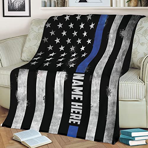 OhaPrints Custom Police Thin Blue Line Us American Flag Back The Blue Personalized Name Soft Sherpa Throw Blankets Cozy Fuzzy Fleece Throws for Tv Sofa Couch Comfy Fluffy Blanket 30X40 50X60 60X80