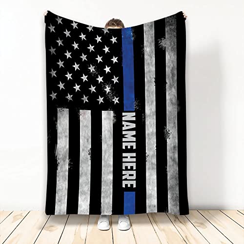 OhaPrints Custom Police Thin Blue Line Us American Flag Back The Blue Personalized Name Soft Sherpa Throw Blankets Cozy Fuzzy Fleece Throws for Tv Sofa Couch Comfy Fluffy Blanket 30X40 50X60 60X80