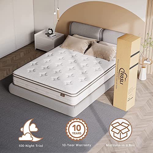 TeQsli Queen Mattress 10 Inch, Cool Eggshell Memory Foam and 7 Zone Pocket Innerspring Hybrid Mattress in a Box, Pressure Relief & Supportive Queen Bed Mattress, Breathable Cover, 100 Nights Trial