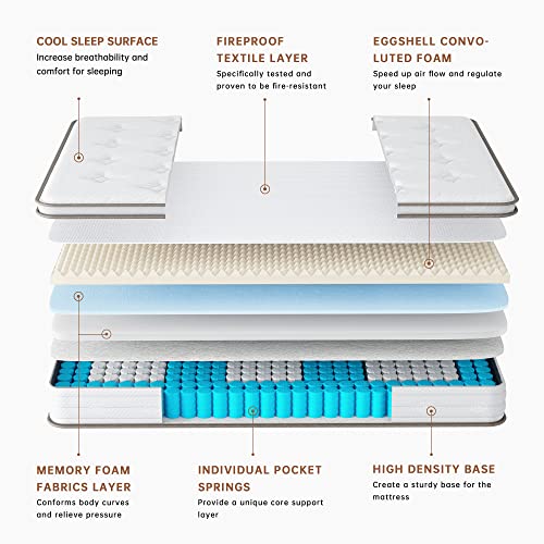 TeQsli Queen Mattress 10 Inch, Cool Eggshell Memory Foam and 7 Zone Pocket Innerspring Hybrid Mattress in a Box, Pressure Relief & Supportive Queen Bed Mattress, Breathable Cover, 100 Nights Trial