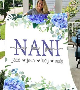 personalized blanket- mom floral blanket, blue flowers personalized mom gift, we love you grandma nani, blanket gift