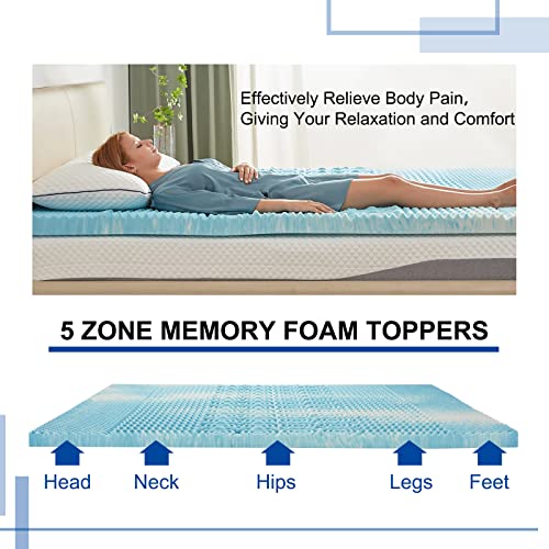 SINWEEK 2 Inch 5-Zone Memory Foam Mattress Topper, Gel Mattress Topper Pressure Relieve Soft Mattress Pad, CertiPUR-US Certified, Queen Size