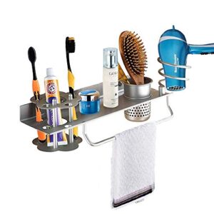 Hair Dryer Holder Wall Mount, Towel Toothbrush Toothpaste Perfume Comb Blow Dryer Holder Organizer Storage Hanging Shelf Rack Stand, Bathroom Organizer with Towel Holder, Upgrade Space Aluminum