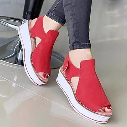 Womens Summer Sandals Slope Heel Thick Sole Leisure Beach Hook Loop Fish Mouth Foreign Trade Hollow Sandals (RD1, 8)