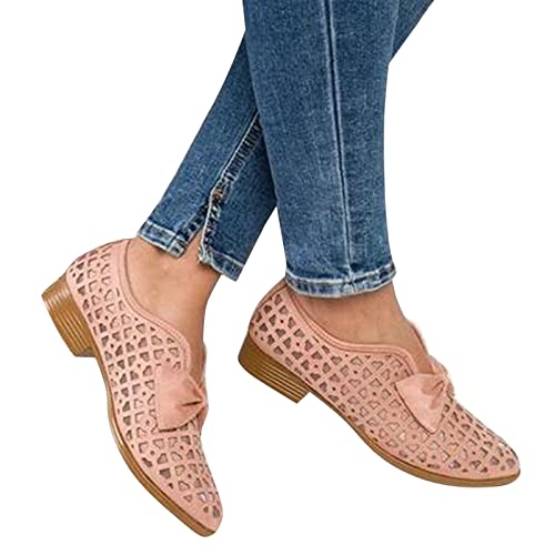 Closed Toe Casual Slip On Sandals for Women Flat,Pointed Toe Breathable Hollow Out Low Chunky Heel Shoes (Pink, 7)