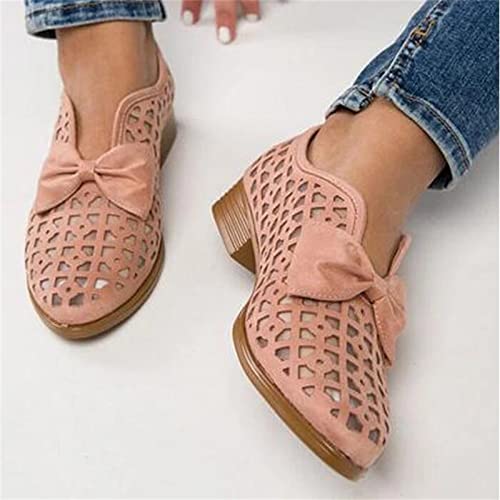 Closed Toe Casual Slip On Sandals for Women Flat,Pointed Toe Breathable Hollow Out Low Chunky Heel Shoes (Pink, 7)