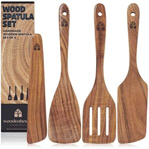 wooden spatula for cooking, kitchen spatula set of 4, natural teak wooden utensils including wooden paddle, turner spatula, slotted spatula and wood scraper. nonstick cookware.