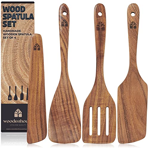 Wooden Spatula for Cooking, Kitchen Spatula Set of 4, Natural Teak Wooden Utensils including Wooden Paddle, Turner Spatula, Slotted Spatula and Wood Scraper. Nonstick cookware.