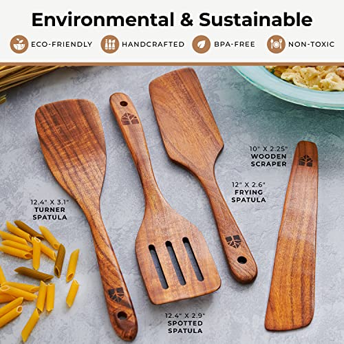 Wooden Spatula for Cooking, Kitchen Spatula Set of 4, Natural Teak Wooden Utensils including Wooden Paddle, Turner Spatula, Slotted Spatula and Wood Scraper. Nonstick cookware.