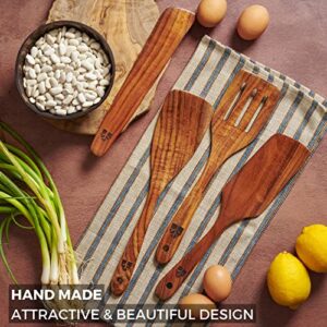 Wooden Spatula for Cooking, Kitchen Spatula Set of 4, Natural Teak Wooden Utensils including Wooden Paddle, Turner Spatula, Slotted Spatula and Wood Scraper. Nonstick cookware.