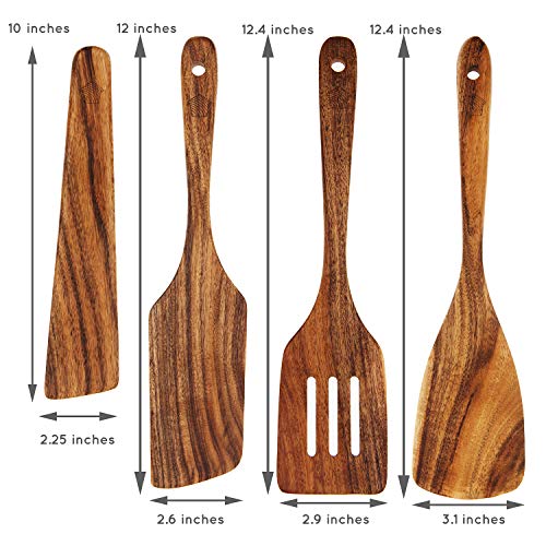 Wooden Spatula for Cooking, Kitchen Spatula Set of 4, Natural Teak Wooden Utensils including Wooden Paddle, Turner Spatula, Slotted Spatula and Wood Scraper. Nonstick cookware.