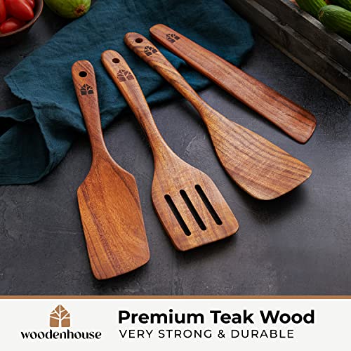 Wooden Spatula for Cooking, Kitchen Spatula Set of 4, Natural Teak Wooden Utensils including Wooden Paddle, Turner Spatula, Slotted Spatula and Wood Scraper. Nonstick cookware.