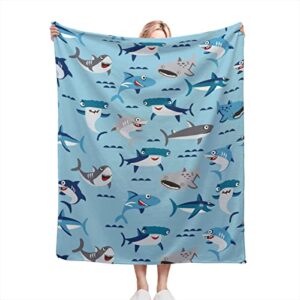 blue shark blanket soft fleece throw blanket cozy fuzzy warm flannel blankets for women men for couch bed sofa all season gift (white, 50"x40")