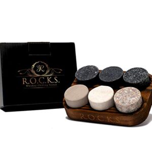 Whiskey Chilling Stones - Set of 6 Handcrafted Premium Granite Round Sipping Rocks - Hardwood Presentation & Storage Tray by R.O.C.K.S.