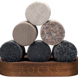 Whiskey Chilling Stones - Set of 6 Handcrafted Premium Granite Round Sipping Rocks - Hardwood Presentation & Storage Tray by R.O.C.K.S.