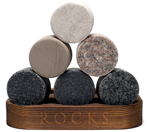 Whiskey Chilling Stones - Set of 6 Handcrafted Premium Granite Round Sipping Rocks - Hardwood Presentation & Storage Tray by R.O.C.K.S.