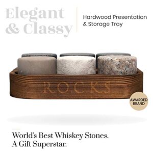 Whiskey Chilling Stones - Set of 6 Handcrafted Premium Granite Round Sipping Rocks - Hardwood Presentation & Storage Tray by R.O.C.K.S.