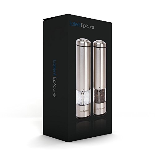 Latent Epicure Battery Operated Salt and Pepper Grinder Set (Pack of 2 Mills) - Complimentary Mill Rest | Bright Light | Adjustable Coarseness |