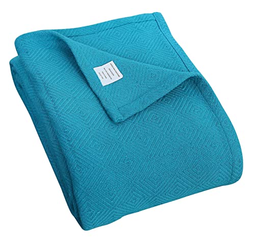 Cotton Throw Blanket Queen Size for Bed - Diamond Weave Blankets, Teal Soft Lightweight Woven Throw Blankets for Couch Bed Sofa Travel 100% Cotton Blankets & Throws - 90x90 inches