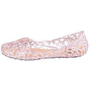 sandals for women casual flat heel beach jelly shoes slip on crystal summer soft hollow ballet flat (pink, 5.5)