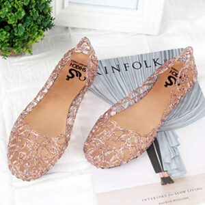 Sandals for Women Casual Flat Heel Beach Jelly Shoes Slip On Crystal Summer Soft Hollow Ballet Flat (Pink, 5.5)