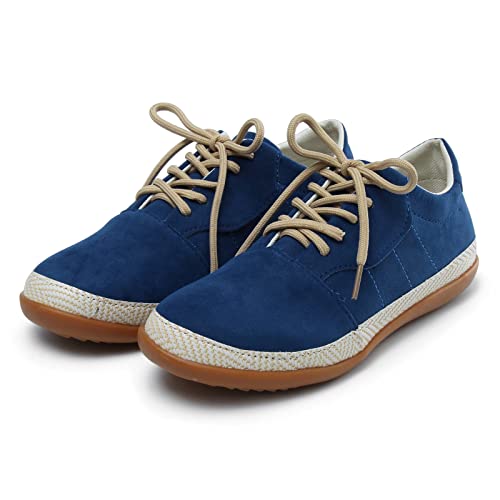 Womens Soft-Toe Sneakers Slip On Wide Single Up Women Shoes Lace Casual Suede Toe Breathable Comfortable Flat (Blue, 8)