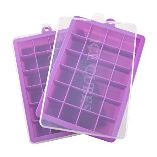 Ice Cube Tray, Silicone Square Ice Trays Easy Release Stackable Ice Cube Mold with Removable Lid, 24 Cavity (2 Pack, Purple)