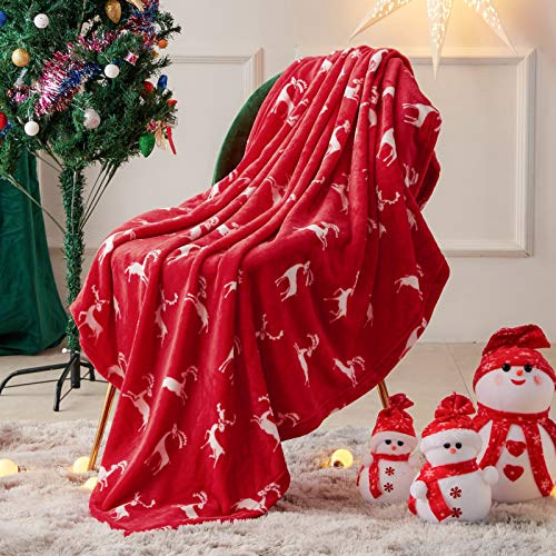 FY FIBER HOUSE Christmas Home Decor Flannel Fleece Throw Blanket for Couch Sofa with Reindeer Print，50"X60", Red