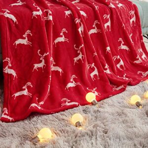 FY FIBER HOUSE Christmas Home Decor Flannel Fleece Throw Blanket for Couch Sofa with Reindeer Print，50"X60", Red