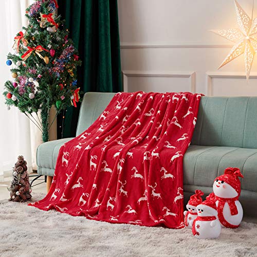 FY FIBER HOUSE Christmas Home Decor Flannel Fleece Throw Blanket for Couch Sofa with Reindeer Print，50"X60", Red