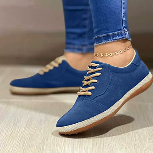 Soft-Toe Women Sneakers Slip On Wide Single Up Women Shoes Lace Casual Suede Toe Breathable Comfortable Flat (Blue, 9)